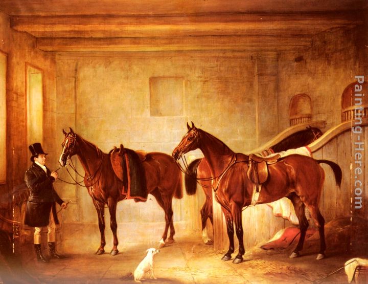Sir John Thorold's Bay Hunters With Their Groom In A Stable painting - John Ferneley Snr Sir John Thorold's Bay Hunters With Their Groom In A Stable art painting
